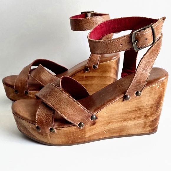 Bed Stu Shoes - Bed Stu Wood Wedge Sandals With Neutral Leather Uppers, Ankle Strap, Studs, 9.5